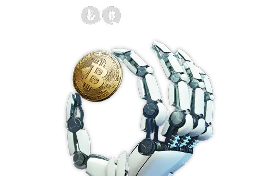 Beyaz robot eli arasında tutulan altın bitcoin, kripto ve tl sembolü içeren kampanya tanımı
